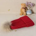 Red knitted winter beanie hat for women, thick warm slouchy skull cap with fluffy real fur pom. - Dark Red