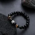 Pulsera de cuentas de obsidiana para hombre con piedra ojo de tigre y espaciador de metal con estr. - Pulsera Solo (Sin Collar)