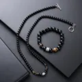 Conjunto De Collar Y Pulsera De Cuentas De Obsidiana Negra Para Hombre Estilo Retro Joyas - Juego de Collar y Pulsera