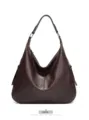 Retro brown hobo shoulder bag detail, large capacity slouchy leather purse for daily wear. - Coffee