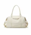 White travel duffel bag detail showing smooth leather texture and gold-tone hardware. - Milky White