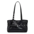 Black grommet tote shoulder bag, minimalist retro motorcycle style handbag for commute. - Black