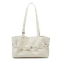White PU leather tote shoulder bag, retro motorcycle style handbag with metal buckle and grommets. - Milky White