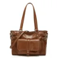Brown PU leather tote handbag for women, large capacity daily commuting shoulder crossbody bag. - Tan