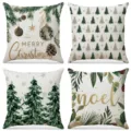Set of four Christmas linen pillowcases with festive tree patterns and noel text - Christmas Pinecones and Ornament Balls Print (018) / 4pcs Set (45*45cm)