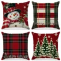 Set of 4 Christmas linen throw pillow covers with snowman and plaid designs for sofa decor. - Red-Green Plaid and Snowy Christmas Tree (021) / 4pcs Set (45*45cm)