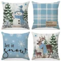 Set of Christmas pillowcases with printed snowman and reindeer motifs on linen fabric - Blue and White Winter Elements (003) / 4 Pieces/Pack (45x45cm)