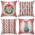 Set of four decorative Christmas linen pillowcases featuring festive wreath and tree patterns. - Red Lattice Blue and White Vase Christmas (012) / 4 Pieces/Pack (45x45cm)