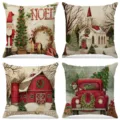Set of 4 vintage Christmas linen throw pillow covers with rustic holiday designs - Vintage Barn and Pickup Truck (013) / 4 Pieces/Pack (45x45cm)