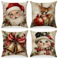 Set of 4 vintage Christmas linen pillow covers with Santa, reindeer and snowman prints - Vintage Hand-Painted Santa Claus (014) / 4 Pieces/Pack (45x45cm)