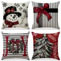 Set of 4 festive Christmas linen pillow covers with snowman and Merry Christmas text - Modern Striped Holiday Set (015) / 4 Pieces/Pack (45x45cm)