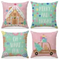 Set of 4 Christmas linen throw pillow covers with festive gingerbread and holiday prints - Gingerbread House Candy Colors (016) / 4 Pieces/Pack (45x45cm)