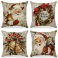 Set of 4 vintage Christmas linen cushion covers featuring Santa Claus and festive wreath designs - Christmas Vintage Illustration Style (019) / 4-Piece Set (45x45cm) / Beige