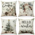 Set of 4 linen Christmas cushion covers with vintage winter pinecone and tree prints - Christmas Pinecones and Gift Boxes Style (020) / 4-Piece Set (45x45cm) / Off White