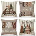 Set of 4 vintage Christmas linen throw pillow covers featuring festive tree prints - Christmas Vintage Car Style (022) / 4-Piece Set (45x45cm) / Antique Silver
