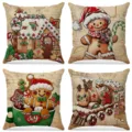 Set of 4 Christmas linen pillowcases with gingerbread man and festive prints - Christmas Gingerbread Man Style (023) / 4-Piece Set (45x45cm) / Beige