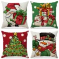 Set of four Christmas-themed square linen pillowcases with festive illustrations - Christmas Classic Illustration Style (024) / 4-Piece Set (45x45cm) / Classic Christmas Colors