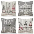 Set of four Christmas themed linen pillowcases with gnomes and snowmen designs - Nordic Gnome and Snowman Style (025) / 4-Piece Set (45x45cm) / Gray