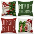 Set of 4 Christmas gnome linen pillowcases with Merry Christmas and Jingle Bells prints - Christmas Gnome and Gift Pack Style (026) / 4-Piece Set (45x45cm) / Off White