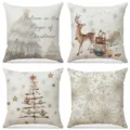 Set of 4 Christmas linen pillowcases with reindeer and tree prints for holiday home decor. - Vintage Watercolor Reindeer and Snowflakes Style (008) / 4-Piece Set (45x45cm) / Cream