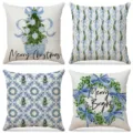 Set of 4 Christmas linen throw pillow covers with blue watercolor tree and wreath patterns. - Blue and White Porcelain Style (009) / 4-Piece Set (45x45cm) / Blue & White