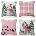 Set of 4 Christmas linen throw pillow covers featuring pink plaid reindeer and snowman design - Pink Christmas Snowman Style (005) / 4-Piece Set (45x45cm) / Pink