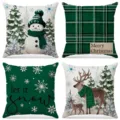 Set of 4 Christmas linen throw pillow covers with festive snowman and reindeer prints - Green Snowman and Reindeer Illustration (006) / 4-Piece Set (45x45cm)