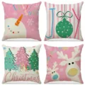Set of 4 Christmas linen throw pillow covers with festive snowman and reindeer designs - Pink Snowman and Christmas Balls (007) / 4-Piece Set (45x45cm)