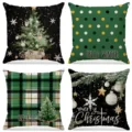Set of 4 Christmas themed square linen pillowcases with festive holiday tree and star prints - Black Background Christmas Tree and Plaid (001) / 4-Piece Set (45x45cm)