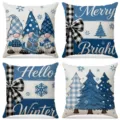 Set of four blue and white Christmas pillow covers with gnomes trees and snowflakes - Nordic Blue Christmas Gnomes and Snowflakes (027) / 4-Piece Set (45x45cm)