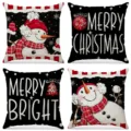 Set of 4 Christmas linen throw pillow covers with snowman prints and holiday texts - Red and Black Snowman with Festive Text (028) / 4-Piece Set (45x45cm)