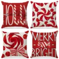 Set of 4 Christmas pillowcases with red candy cane and merry bright designs. - Red and White Candy Canes and Festive Sweets (029) / 4-Piece Set (45x45cm)