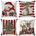 Set of 4 Christmas linen square throw pillow covers with snowman deer and tree prints - Vintage Illustration Snowman and Reindeer (030) / 4-Piece Set (45x45cm)