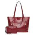 Wine Red Glossy PU Leather Tote Bag with Matching Clutch Wristlet for Women Daily - Red