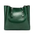 Dark green oil leather tote bag large capacity shoulder handbag for women daily commuting. - Green