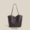 Dark Brown Litchi Grain Rivet Shoulder Bag, Stylish Large Capacity Bucket Bag SKU - Coffee