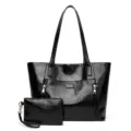 Black retro gloss PU leather tote bag with matching clutch, large capacity handbag for women - Black