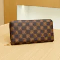 Stylish checkerboard print long wallet for women, elegant faux leather zip clutch purse for daily use. - Coffee