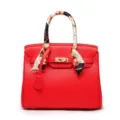 Red litchi grain women handbag, elegant lock shoulder messenger bag with silk scarf handle. - Red