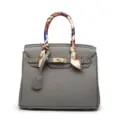 Grey litchi pattern leather handbag, classic lock design, large capacity shoulder tote bag. - Gray