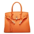 Orange Litchi Grain Leather Birkin Handbag Women Classic Tote Shoulder Bag Fashion - Orange Red