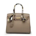 Taupe Litchi Grain Handbag Birkin Style with Silk Scarf Variant. Elegant and spacious. - Elephant Gray
