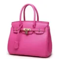 Pink leather handbag with padlock closure, classic top handle tote bag for daily use. - Rose Red