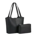 Black leather tote bag with matching pouch, large capacity casual shoulder bag for women. - Black