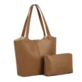 Brown leather tote bag with matching pouch large capacity shoulder bag for women - Tan