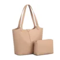 Classic beige leather tote bag set with matching pouch, spacious daily shoulder bag. - Lotus Pink