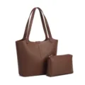 Brown pebbled leather tote bag with matching pouch, stylish large capacity shoulder bag for women. - Coffee