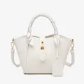 White bucket tote bag with silk scarf handle, large capacity stylish casual shoulder handbag. - White