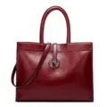 Wine red leather tote bag for women, large capacity shoulder handbag with top handle. - Burgundy
