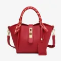 Red bucket tote handbag with scarf handle, large capacity stylish casual cross-body bag for women - Red
